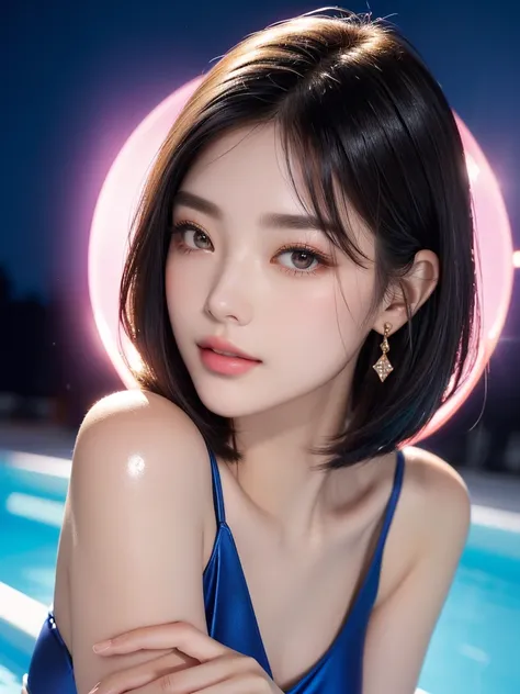 Poolside at night、Light up the pool、Lots of blue and pink lighting、A swimsuit that reflects light like polished metal、Metal Reflection、Muscular、Oil-coated skin that reflects light with a shiny glow、Japanese、Chin-length oval bob haircut、Reduces hair volume、...