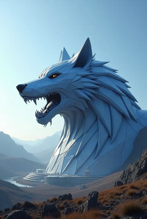 FOOTBALL STADIUM IN A WOLF HEAD SHAPE IN BLUE COLORS 
