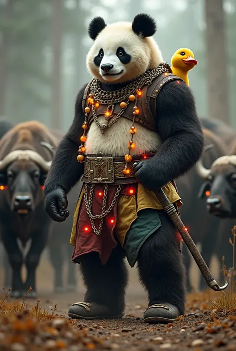 A panda warrior standing on two legs, with lights all over his body, wearing fake teeth, wearing a hip-hop singer&#39;s outfit, with a full neck ornament, wearing earrings, holding a huge hammer, holding a chain around his hand, and holding a yellow duck a...