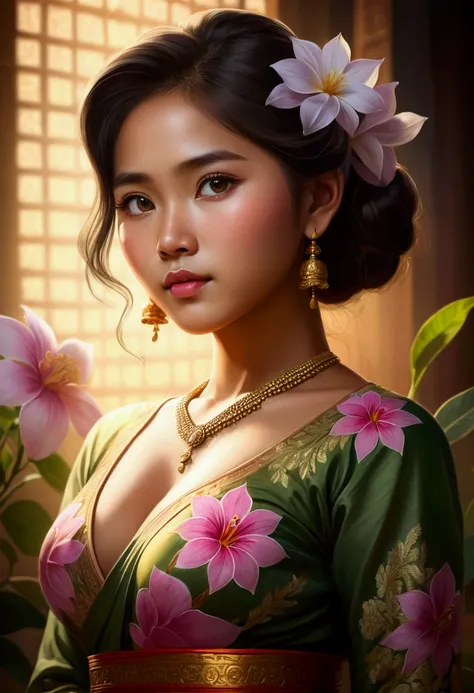 Myanmar girl with big ass and Myanmar dress Flower drawing with great detail, soft lighting glow effect, cinematic look, Beautiful hair showing breasts to the camera 