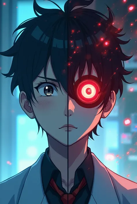 Make a cover of a story, that is called Who are you??
I want you to see the face of a scientist, one half good and the other half bad.
All this as if it were an anime. 