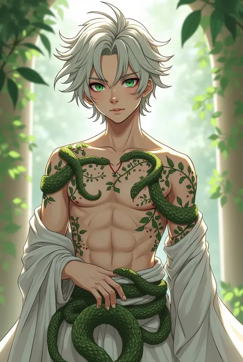 Anime style, Kael is a young man, has short wavy, silvery hair, fair skin and bright green eyes. Delicate appearance. His height is average, with a slender body adorned with tattoos representing snakes. He wears royal revealing robes that show a lot of ski...