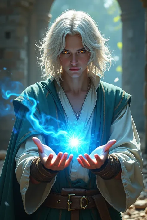 Half-fairy man with medium white hair and golden eyes like the sun, he is wearing medieval clothes, a tunic manipulating blue energy in his hands