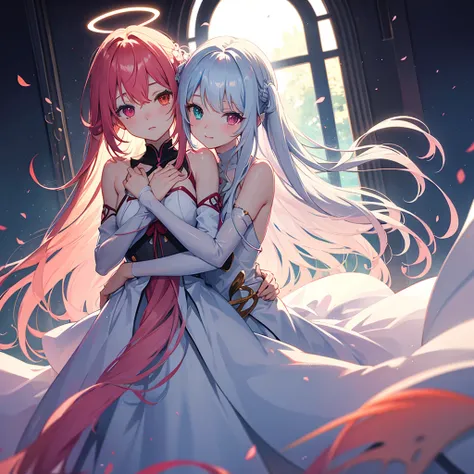 heterochromia, long hair, double halo, indoors, gradient background, straight- on, Hug from behind, irys, yuzuriha inori, 