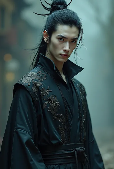 Gu Changge is a tall young man, standing about 6 feet tall, with an athletic build that exudes a blend of strength and grace. His complexion is pale, almost luminescent, accentuating his fine, angular features, giving him a chilling beauty. His piercing ey...