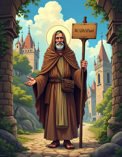 cartoon of a  Saint Santiago in a brown outfit holding a sign, a picture by Bernardo Daddi, deviantart contest winner, conceptual art, a pilgrim, illustratioin, package cover, trading card fond, trading card, colored illustration, 5 e, illustration!, don q...