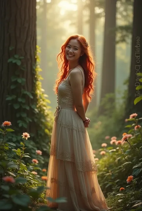 smiling redheaded woman wearing a vintage dress with her hands behind her back in front of trees. Full body photo, super detailed and super realistic.