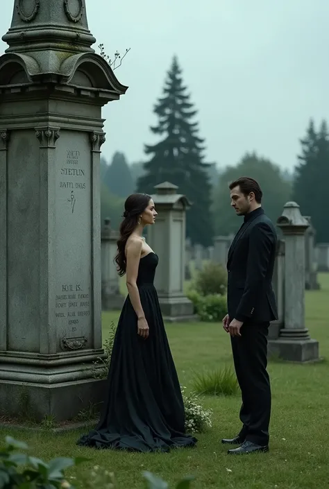 A complete image of a cemetery, and an elegant woman dressed in black standing next to a tall man. looking at a tombstone. real photo