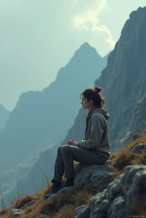 Sad girl sitting on mountain