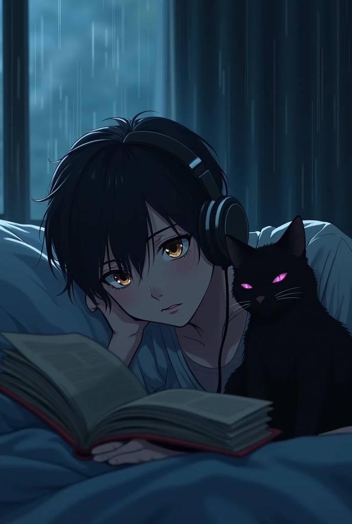 a dark-haired boy wearing headphones lying on a bed reading a book, with a black cat sitting next to him, in a somber atmosphere, anime-style night scene with rain outside, 90s synthwave pop music, (best quality,4k,8k,highres,masterpiece:1.2),ultra-detaile...