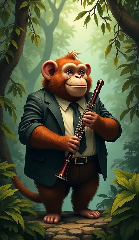 A monkey from the jungle playing the clarinet, the clarinet should be dark in color and the animal should wear a suit, the monkey should be fat.