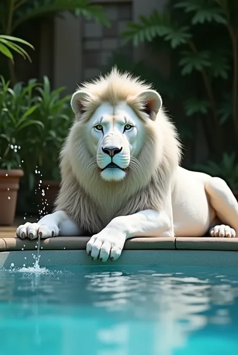 A big white lion enjoying in swimming pool 