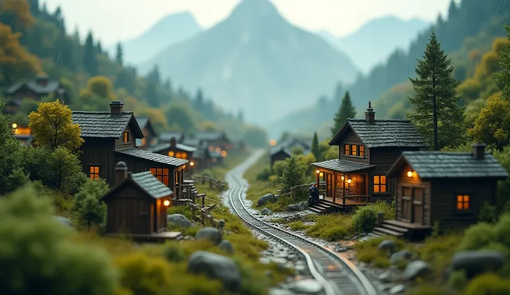 A serene terrarium diorama of a quaint countryside village with a miniature old model train and railway, cinematic lighting, photorealistic quality, intricate details, and a poetic, award-winning aesthetic. mountain, rain, misty