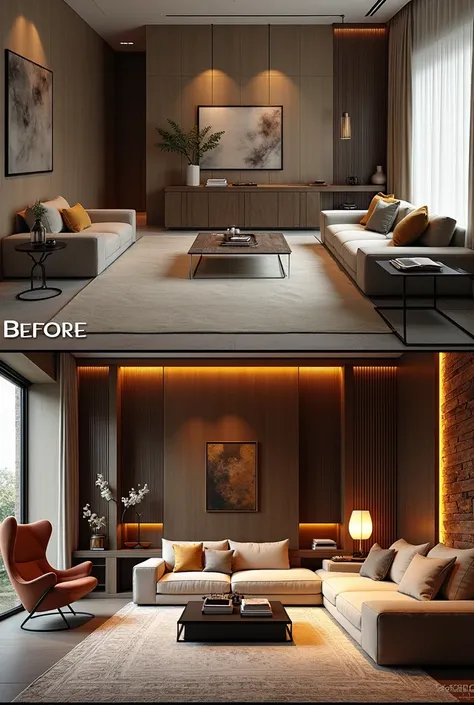 Living room before and after interior decor, show unfurnished livving room in before and lavish living room, furnished in after hightlight before and after make it very eye cathcy 