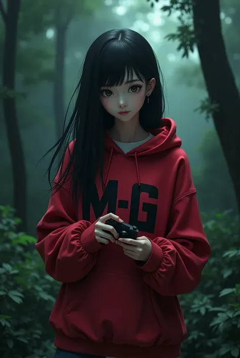 Dark Red oversized Hoodie with Written on capital M-G and long black open hair anime girl and it should hold Minecraft gudget and  forest background