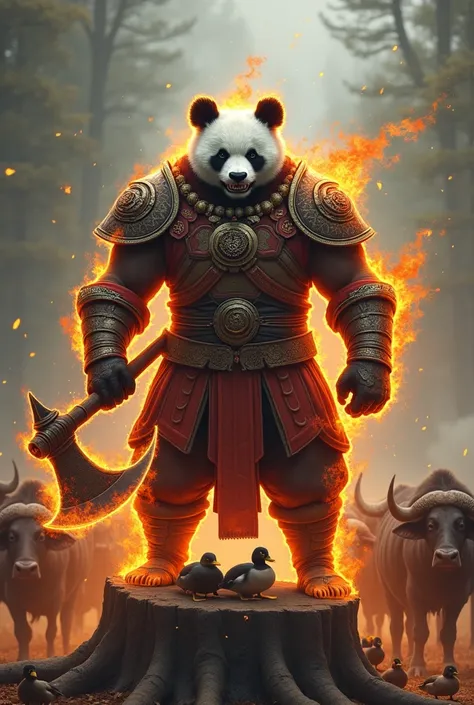 A panda warrior standing on two legs, with fire burning all over his body, wearing fake teeth, wearing a warrior costume, with a full neck ornament, wearing earrings, holding a large axe, the panda&#39;s face has ducks lying on a tree stump, a herd of buff...