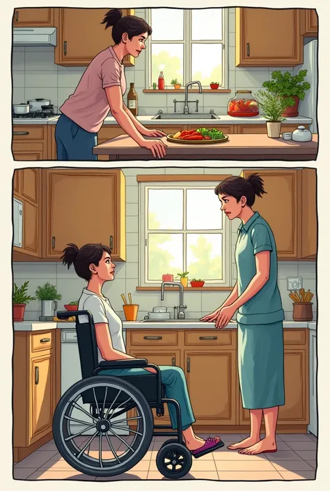 Comic strip of woman in wheelchair in kitchen with worried relative 