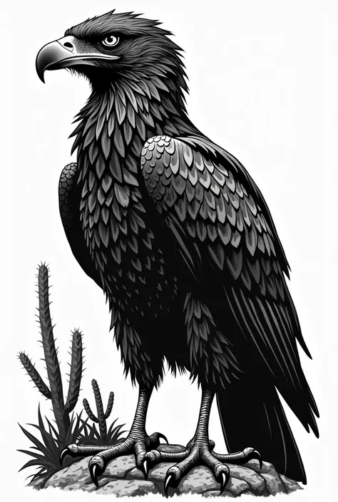 Make a logo of a caracara, black and white, in woodcut , with elements from the northeast , make him more threatening 