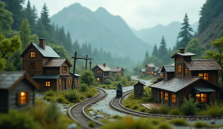 A serene terrarium diorama of a quaint countryside village with a miniature old model train and railway, cinematic lighting, photorealistic quality, intricate details, and a poetic, award-winning aesthetic. mountain, rain, misty