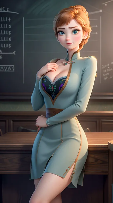 Photo of Anna of Arendelle as a teacher, teacher, teacher clothes, mini dress,  Anna from Disney Frozen movie, tall and sexy, superb face, perfect body, provocative, Nice, show breasts, huge breasts, tall, sexy legs, bursting huge breasts, wide hips, busty...