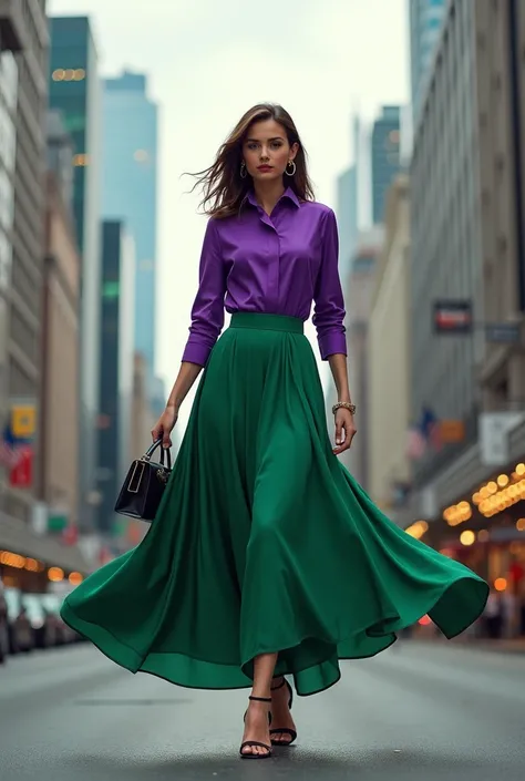 Woman in elegant city wearing green skirt with purple blouse 