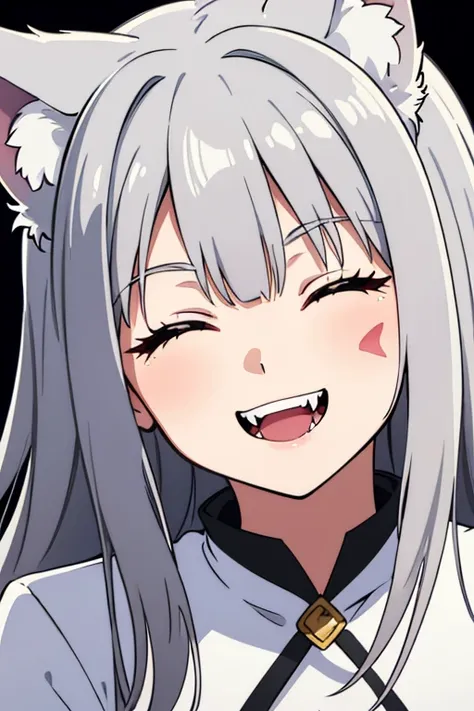 One girl, Wolf Ears, Grey Hair, Wolf Cut,anime,Simple Background, 2D, smile, Half Eye, Highlights,White clothes,one piece,Long Hair, Small breasts, Smiling with teeth showing, The fangs are sharp, Laughing/A proud laugh, Show your fangs, Eye scars, Closed ...