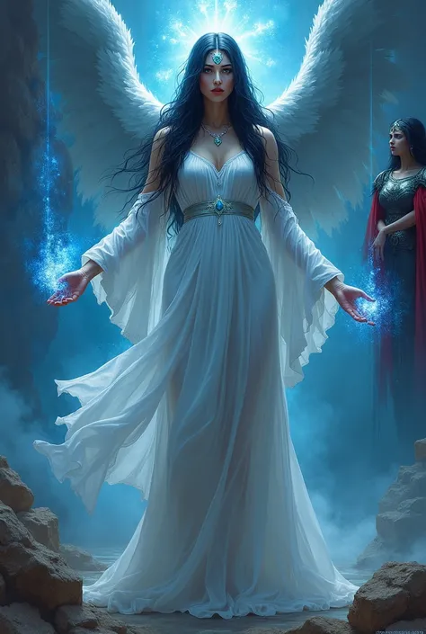 Oracle woman black hair frontal with eyes on forehead shows full body white flowing dress with open arms with head tilted blue lights coming out of hands with an angel in red and black armor 