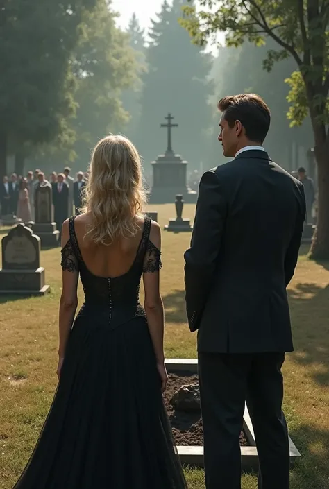 A complete image of a cemetery, and an elegant woman dressed in black blonde, Next to a tall man they watch a burial.