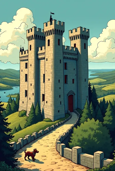 Malissard Castle in comic strip and maximum style in look of Tintin and Snowy