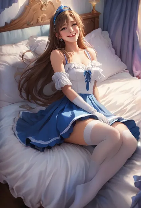 Best Quality, masterpiece, Alone, ferry, Long Hair, ferryBase, Knee socks, Bare Shoulder, jewelry, Sleeveless, White Dress, Blue Skirt, gloves, bed room, bed, Flooring, Sitting, Sitting on bed, From below, Put your hands on your feet, smile, Soft lighting,...