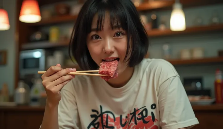 A Japanese woman in her 20s eating meat wearing a T-shirt with DAZAI graffiti art, real photo, ultra-high resolution, 4K