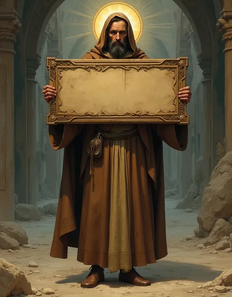 Capture the image of a Saint James in a brown suit holding a large sign in his hands, an image by Bernardo Daddi, winner of the deviantart contest, conceptual art, a pilgrim, illustration, package cover, fondo de trading cards, trading cards, illustration ...