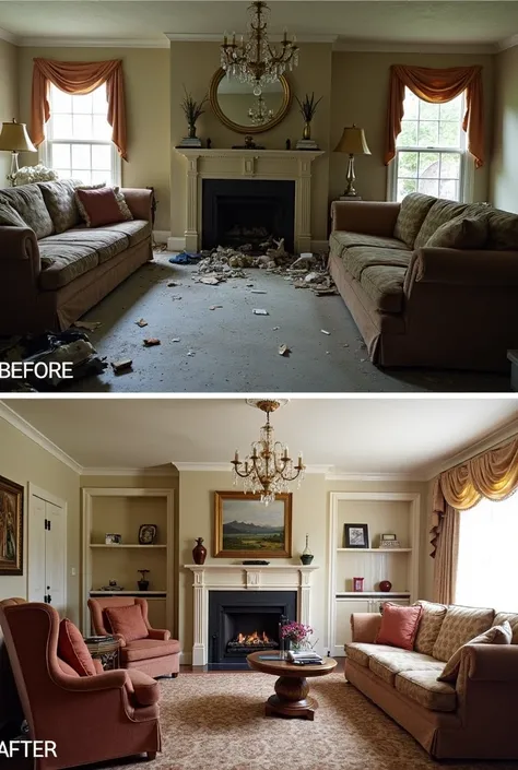 Living room before and after interior decor, show unfurnished, old fashioned, very untidy living room in before and lavish living room, furnished in after hightlight before in bold letters and highlight after in bold letters, make it very eye cathcy, show ...