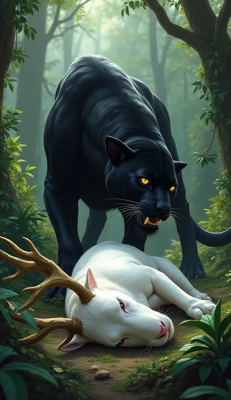 A dead large white deer lies on the ground with its eyes closed. The deer is completely white. Black panther bites dead deer. against the backdrop of the jungle.