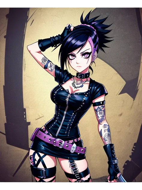 a cartoon drawing of a woman with a knife and gloves, punk girl, wearing a punk outfit, 1 anime goth girl, goth girl, dressed in...