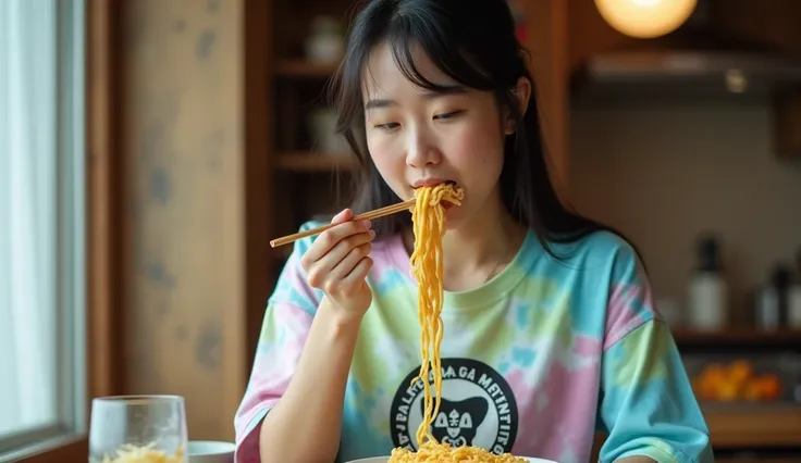 A Japanese woman in her 20s eating pasta wearing a tie-dye T-shirt with the DAZAI art logo, real photo, ultra-high resolution, 4K