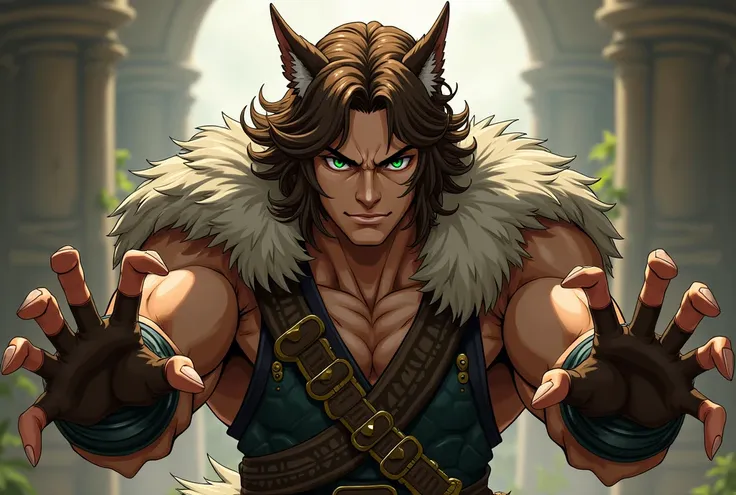 manly man, wolf ears, medium and wavy hair, animated version, front view, vibrant eyes, brown hair, green eyes, medieval clothes, model, He has both hands raised in an attacking position, like someone imitating a lion, Hes strong, open hands showing claws,...