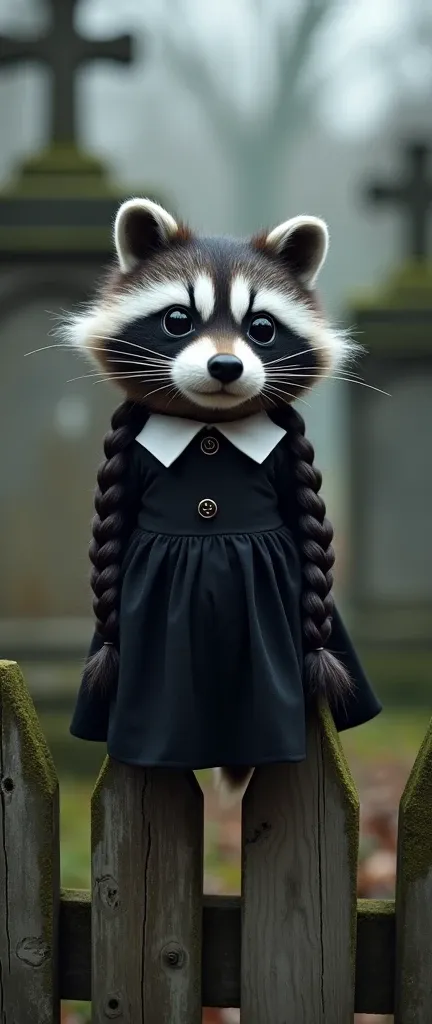 A photo of a fluffy baby raccoon dressed as Wednesday Addams. The raccoon has dark, spooky eyes, pale skin, and long, dark braided pigtails. It is wearing a Wednesday Addams costume with a black dress, white collar, and black buttons. The raccoon is standi...