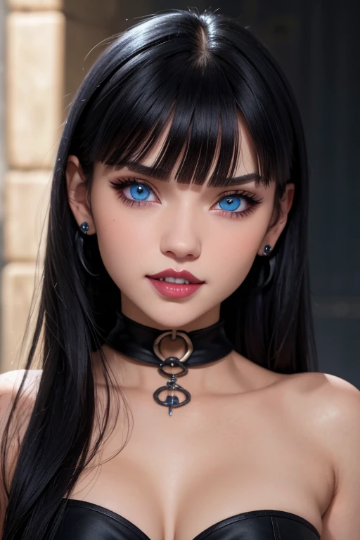 masterpiece, The best quality,  gothic girl ,to bite,  impresionantes teeth fangs,  12k detailed perfect, Perfect asymmetrical and detailed face., blue eyes white skin ,gothic makeup,  short black hair with bangs, Full HD image 1.