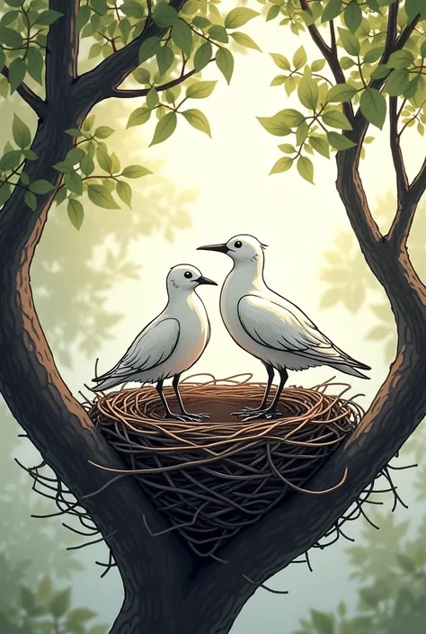 Un nid en osier perché dans un arbre où il y aurait deux oiseau blanc un mâle et une femelle majestueuse par une jolie journée de printemps dans un style graphique. Bande dessinée française 2D écoute rien doivent être extrêmement détaillé perceptible et pa...