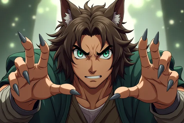 manly man, wolf ears, medium and wavy hair, animated version, front view, vibrant eyes, brown hair, green eyes, medieval clothes, model, He has both hands raised in an attacking position, like someone imitating a lion, Hes strong, open hands showing claws,...