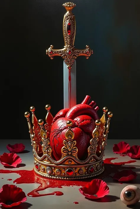 Expressed with the texture of oil painting.
A sharp, gem-encrusted dagger plunges into a realistic, transparent human heart.
The human heart is placed in a gorgeous golden crown studded with gems, and blood flows out.
The dagger and crown gleamed in the da...