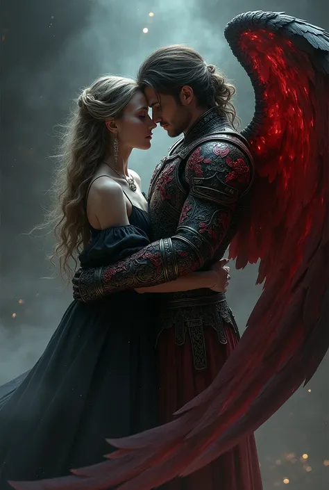 Oracle woman hugging an angel in black and red armor 