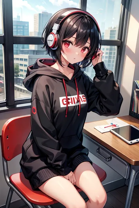 1girl, Solo, Blush, Short Hair, black hair, red eyes, headphones, smartphone, hold phone, distracted, stare at phone, black/red headphones, short blob hair, black hoodie, classroom, windows open, partial sky view, sitting on desk, 