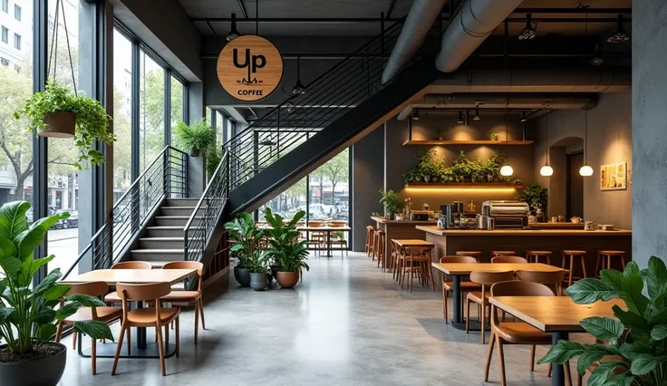 
Coffee shop interior design in industrial style, spacious space, gray floor, wooden furniture, gray walls with green plants, (((
THERE IS THE WORD UP COFFEE IN THE SCENE))) , 
Spacious, airy space, with open floors, iron stairs, glass doors overlooking th...