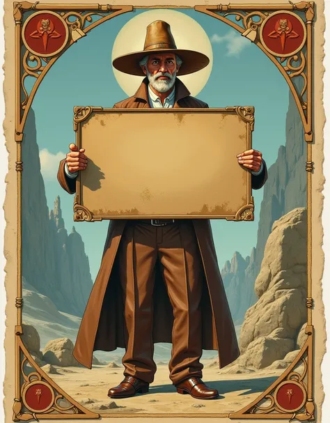 Capture the image of a Saint James in a brown suit holding a large sign in his hands, an image by Bernardo Daddi, winner of the deviantart contest, conceptual art, a pilgrim, illustration, package cover, fondo de trading cards, trading cards, illustration ...