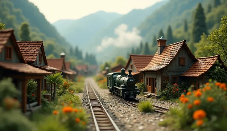 A serene terrarium diorama of a quaint countryside village with a miniature old model train and railway, cinematic lighting, photorealistic quality, intricate details, and a poetic, award-winning aesthetic. mountain, rain, misty, train station