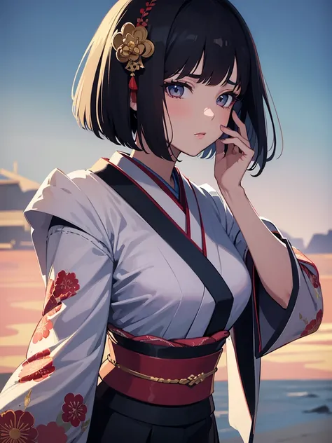 Top Quality, Masterpiece, High Definition, 1girl, Beautiful and Perfect Face, Bob Cut, Japanese Clothing,Kimono, Intricate Details, Cinematic Feel, 8K, Very Detailed  