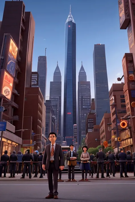 a scene where there are reporters in the background in a city