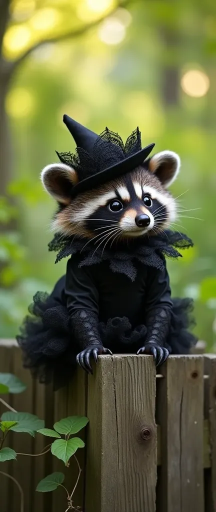 A photo of a cute, fluffy baby raccoon wearing a Morticia Addams fancy dress costume. The raccoon is sitting on a wooden fence and has its eyes wide open. The background is a lush green forest with sunlight filtering through the leaves.